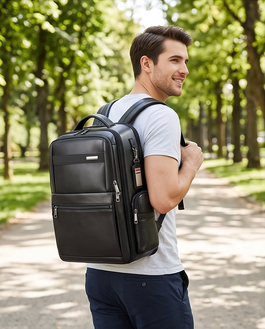 Q-DOMINIUM Genuine Leather Backpack – USB Charging, TSA Lay-Flat & Thickened Ergonomic Straps