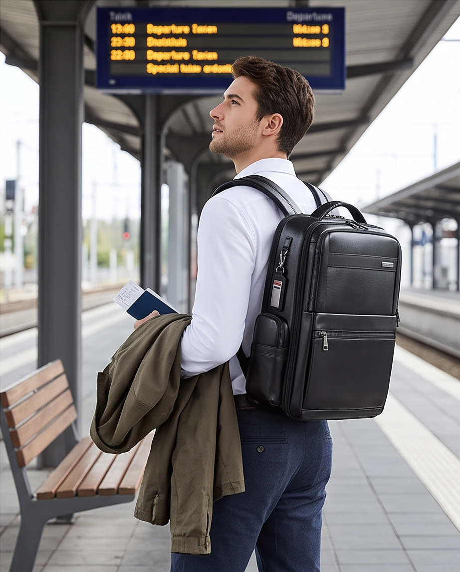 Q-DOMINIUM Genuine Leather Backpack – USB Charging, TSA Lay-Flat & Thickened Ergonomic Straps