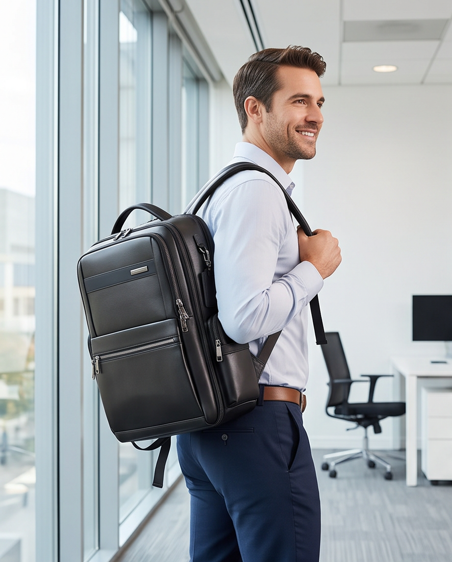 Q-DOMINIUM Genuine Leather Backpack – USB Charging, TSA Lay-Flat & Thickened Ergonomic Straps