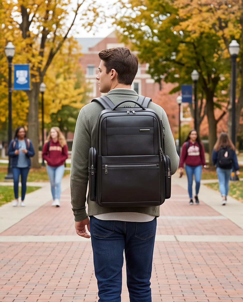 Q-DOMINIUM Genuine Leather Backpack – USB Charging, TSA Lay-Flat & Thickened Ergonomic Straps