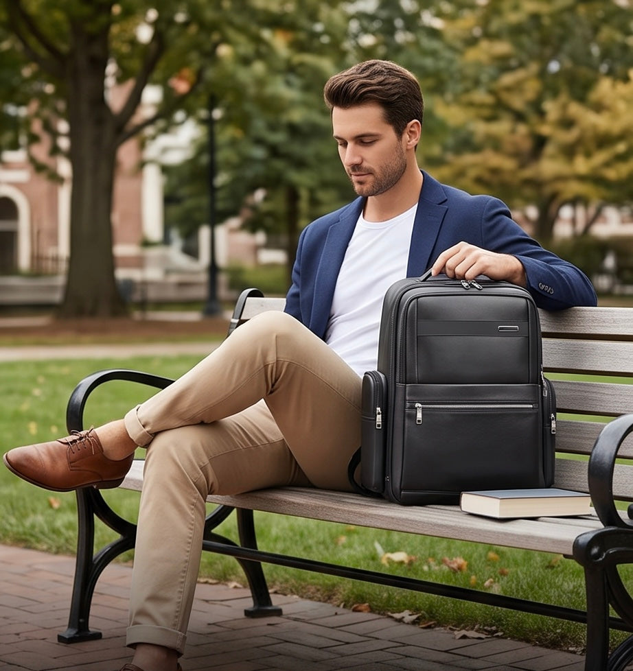 Q-DOMINIUM Genuine Leather Backpack – USB Charging, TSA Lay-Flat & Thickened Ergonomic Straps