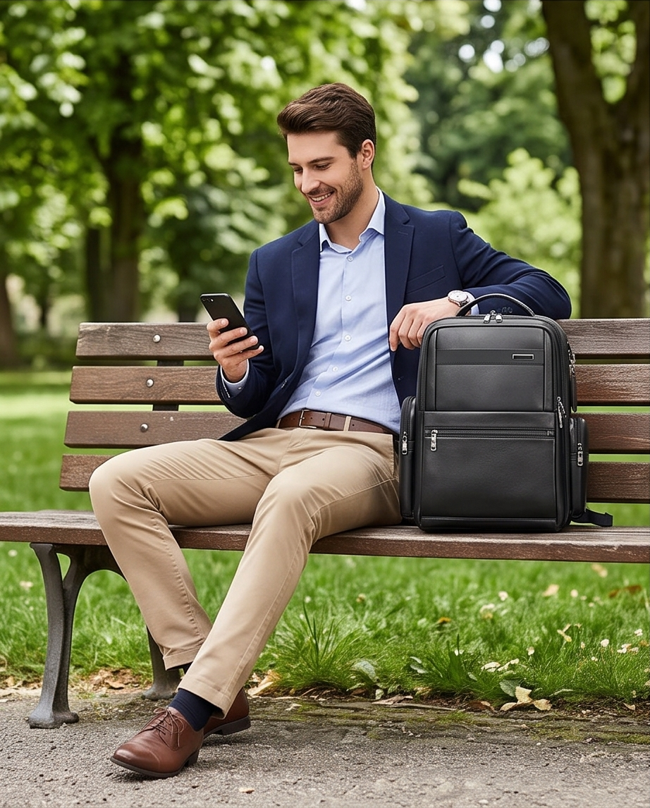 Q-DOMINIUM Genuine Leather Backpack – USB Charging, TSA Lay-Flat & Thickened Ergonomic Straps