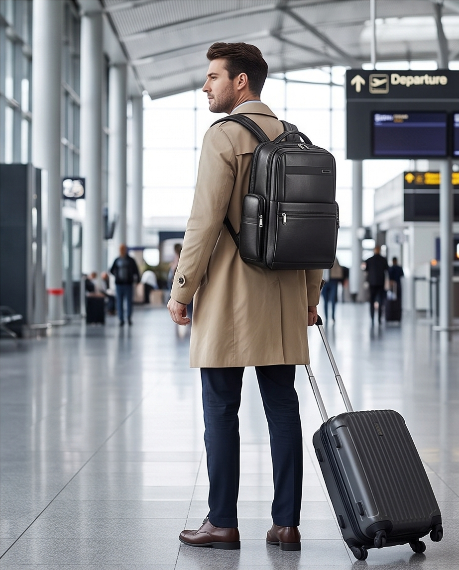 Q-DOMINIUM Genuine Leather Backpack – USB Charging, TSA Lay-Flat & Thickened Ergonomic Straps