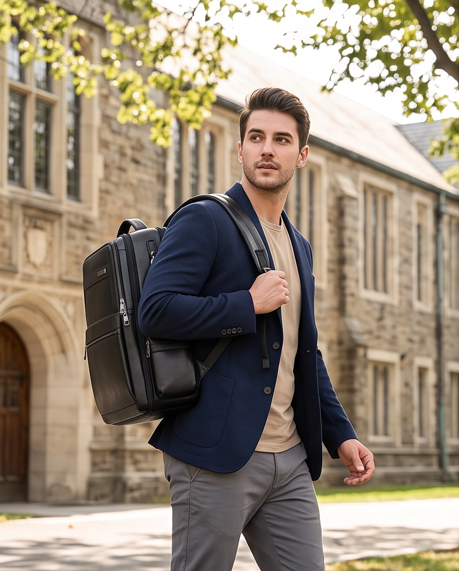 Q-DOMINIUM Genuine Leather Backpack – USB Charging, TSA Lay-Flat & Thickened Ergonomic Straps
