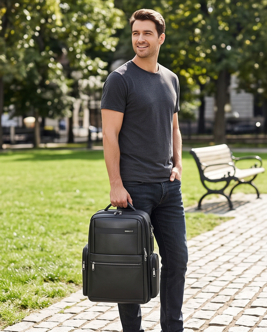 Q-DOMINIUM Genuine Leather Backpack – USB Charging, TSA Lay-Flat & Thickened Ergonomic Straps