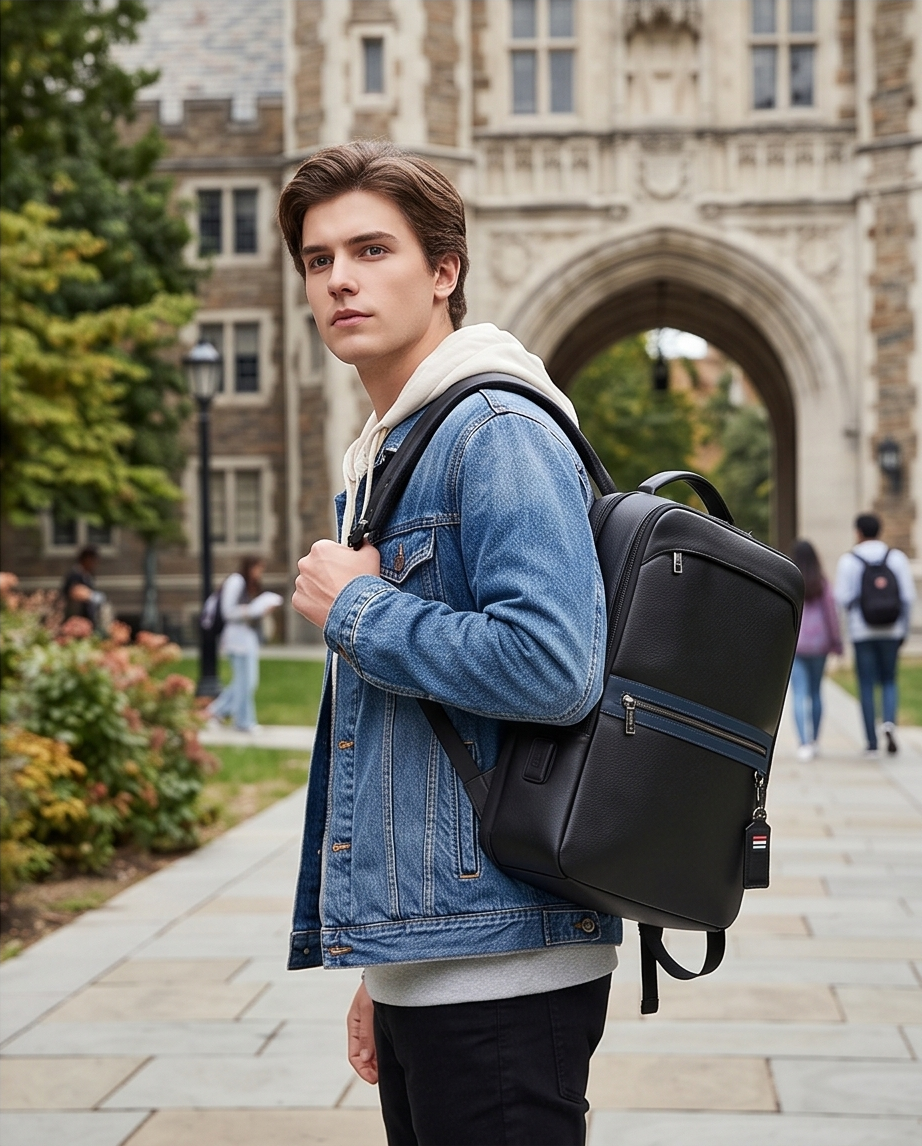 Q-FURIOUS Genuine Leather Backpack – Anti-Theft, USB Charging, TSA Lay-Flat & Credit Card Slots