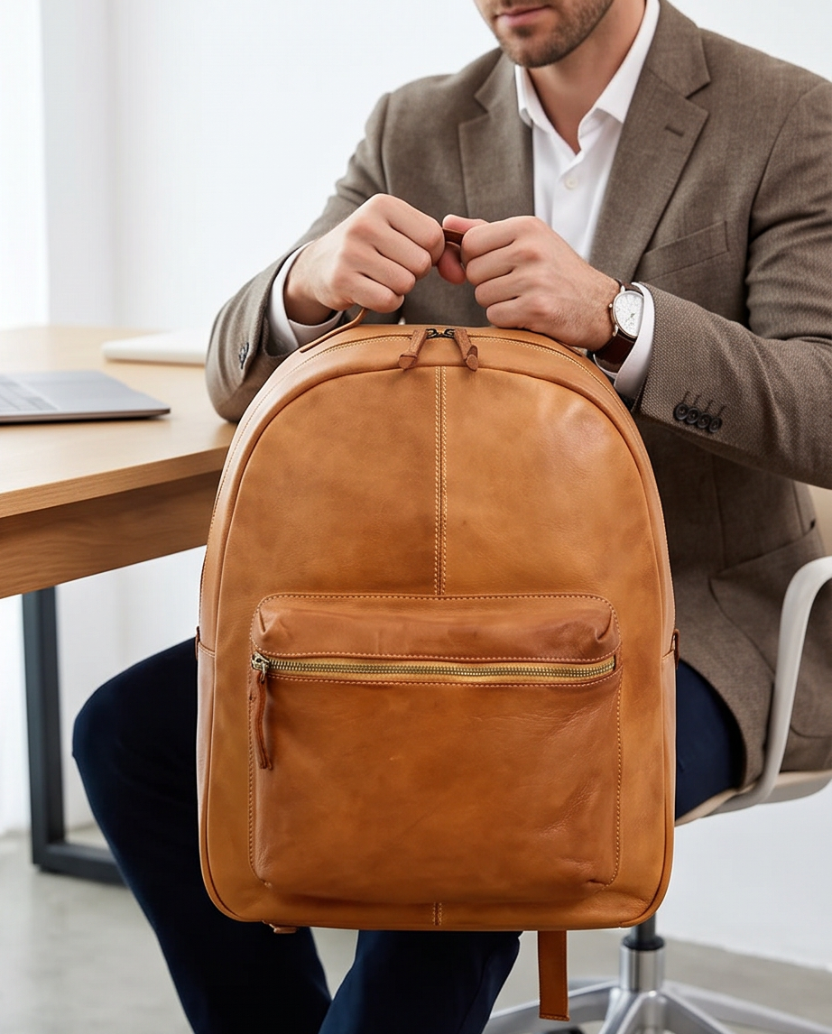 Q-ALPHA Large Vintage Calfskin Backpack – Italian Leather, Brass Hardware & Ergonomic Design