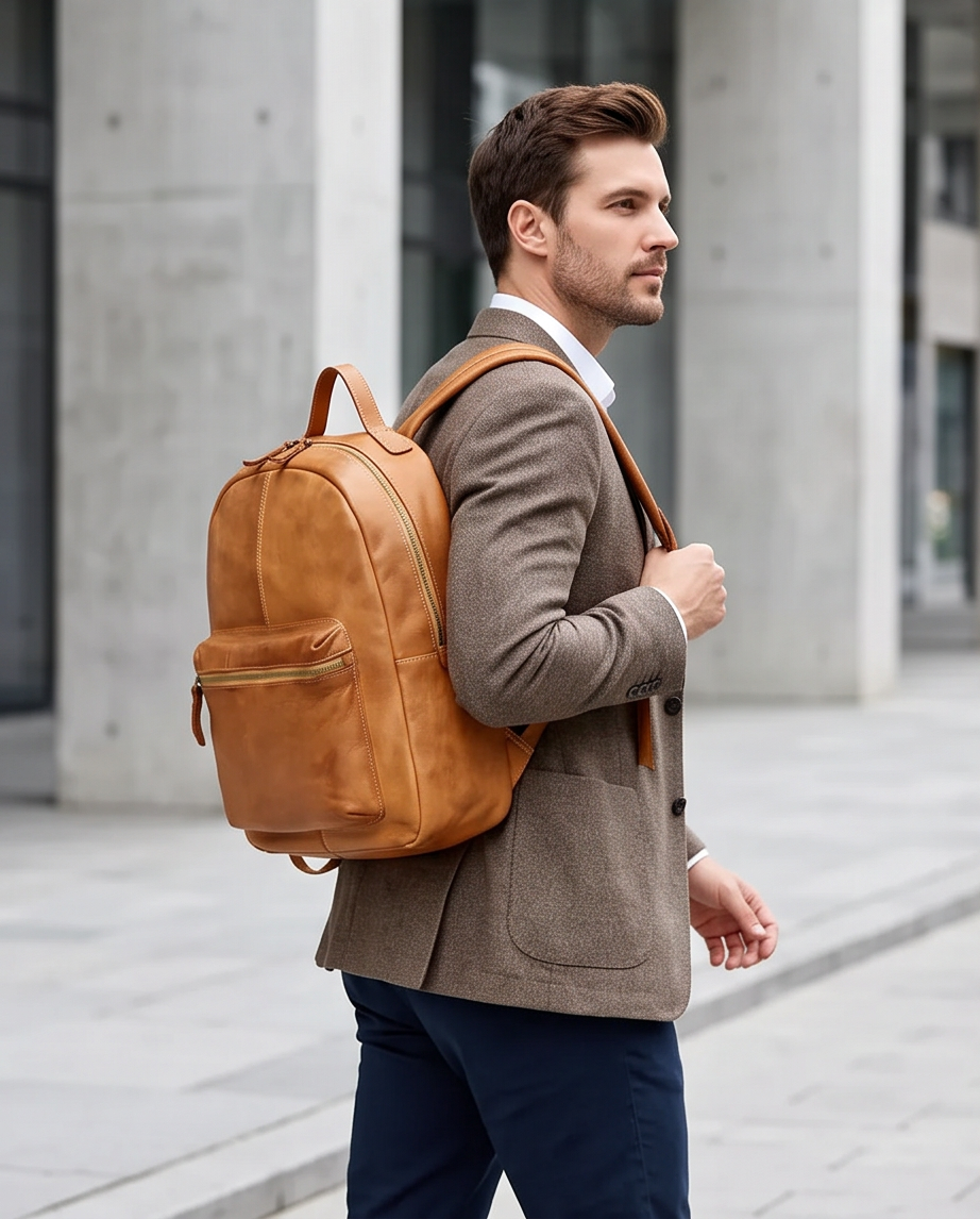 Q-ALPHA Large Vintage Calfskin Backpack – Italian Leather, Brass Hardware & Ergonomic Design
