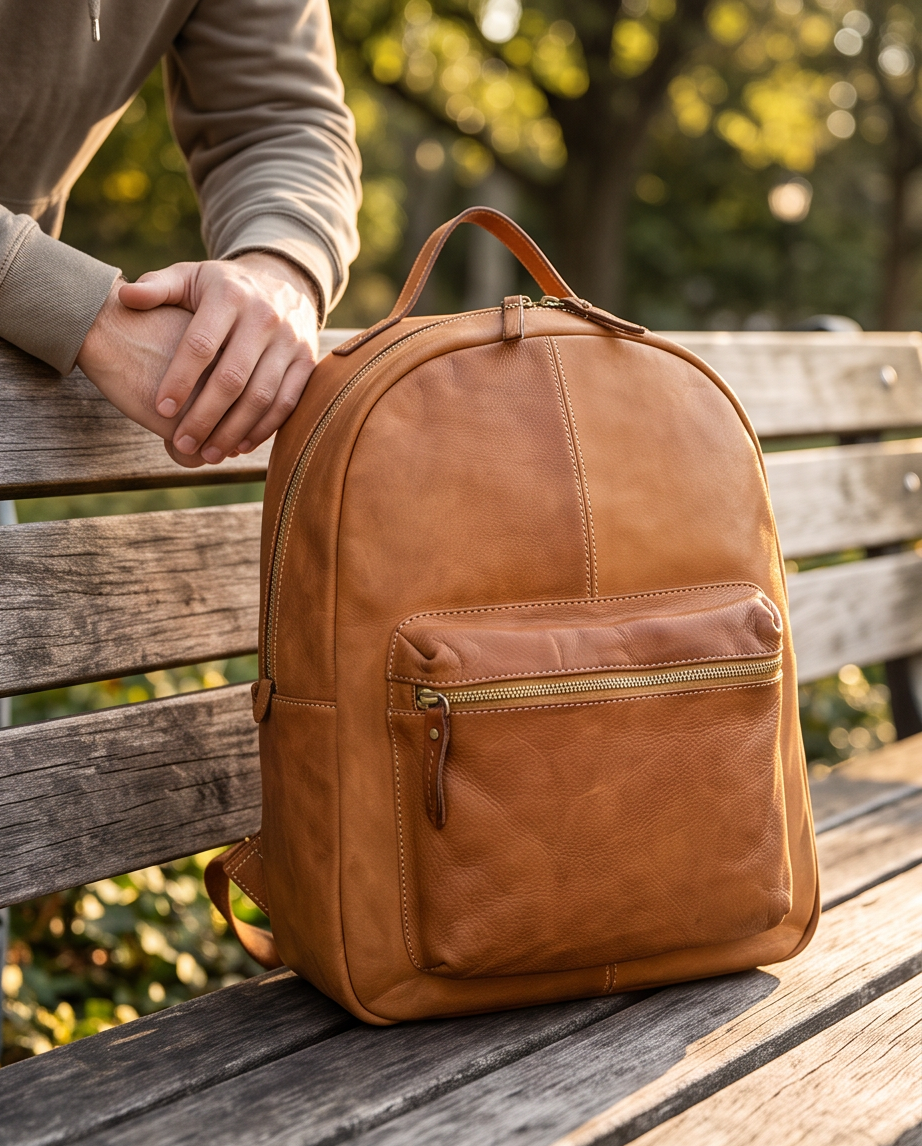 Q-ALPHA Large Vintage Calfskin Backpack – Italian Leather, Brass Hardware & Ergonomic Design