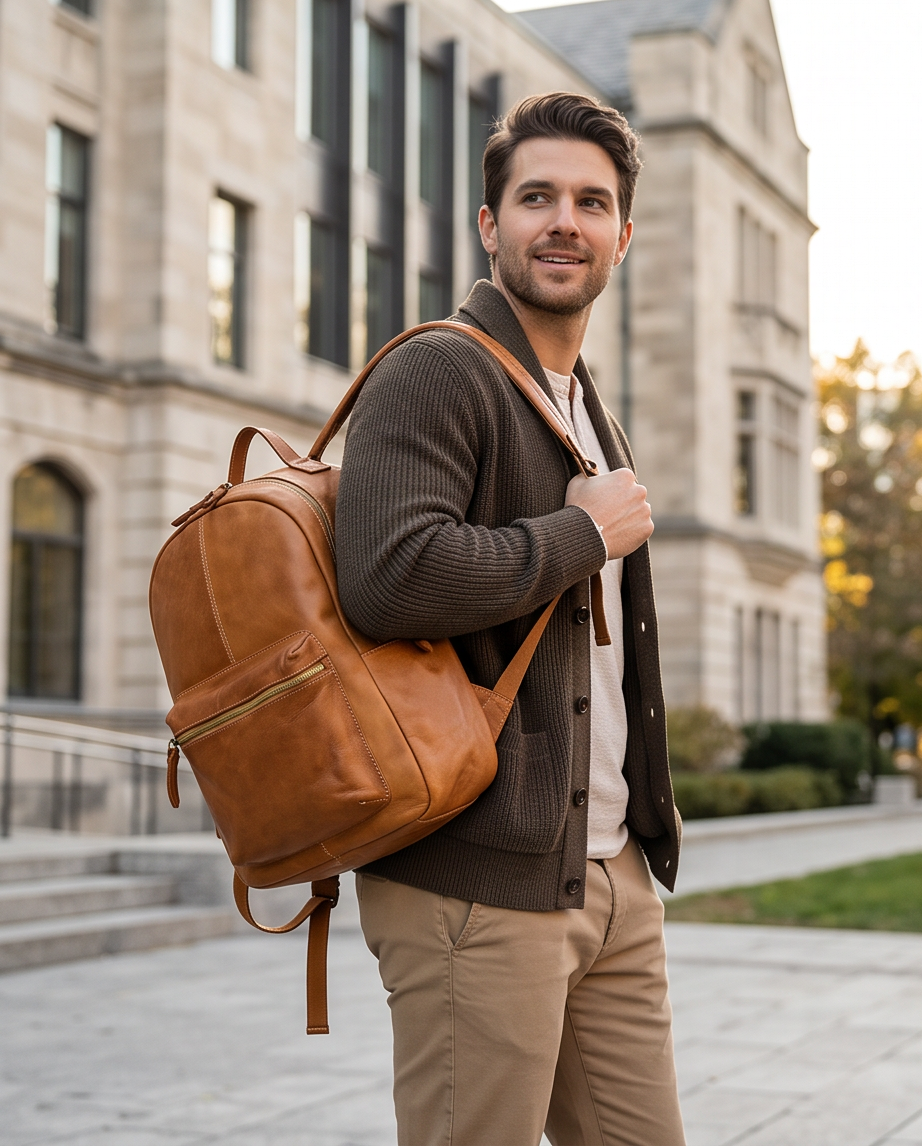 Q-ALPHA Large Vintage Calfskin Backpack – Italian Leather, Brass Hardware & Ergonomic Design