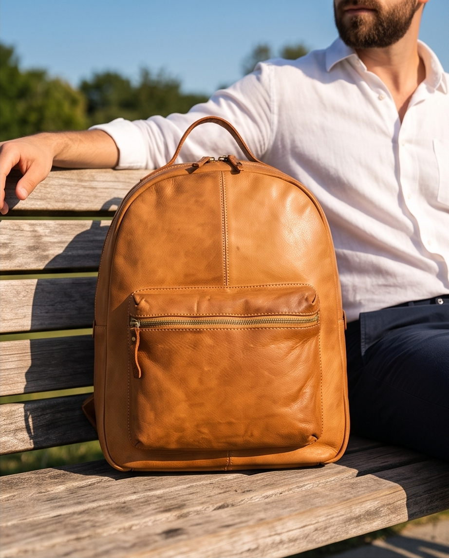 Q-ALPHA Large Vintage Calfskin Backpack – Italian Leather, Brass Hardware & Ergonomic Design