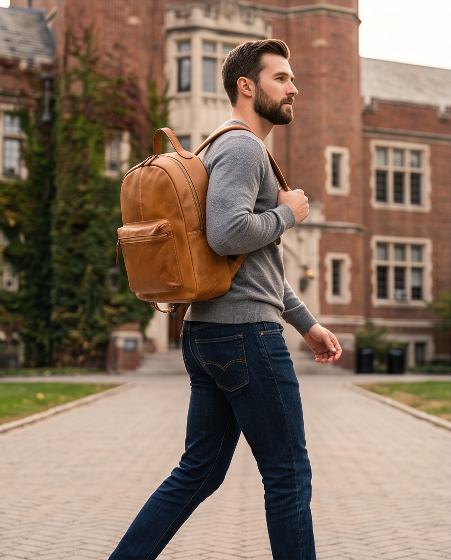 Q-ALPHA Large Vintage Calfskin Backpack – Italian Leather, Brass Hardware & Ergonomic Design