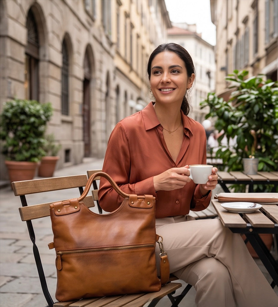 Q-LYRIC Vintage Calfskin Shoulder Bag – Foldable Italian Leather, Top Handles & Crossbody Strap