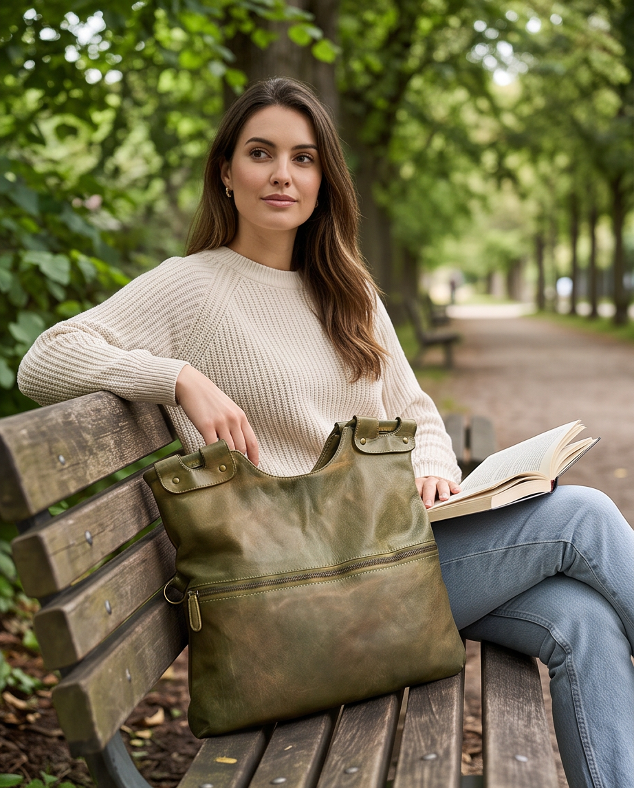 Q-LYRIC Vintage Calfskin Shoulder Bag – Foldable Italian Leather, Top Handles & Crossbody Strap