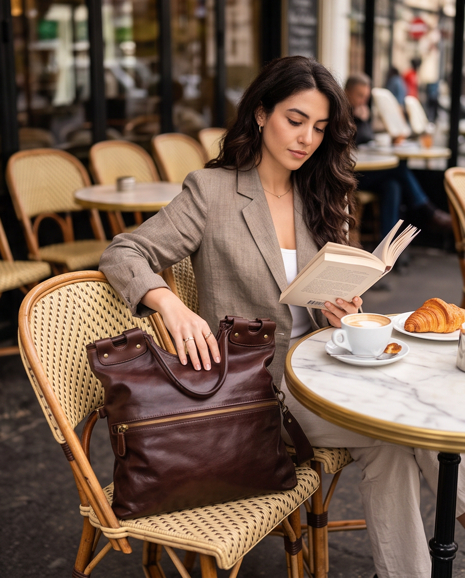 Q-LYRIC Vintage Calfskin Shoulder Bag – Foldable Italian Leather, Top Handles & Crossbody Strap