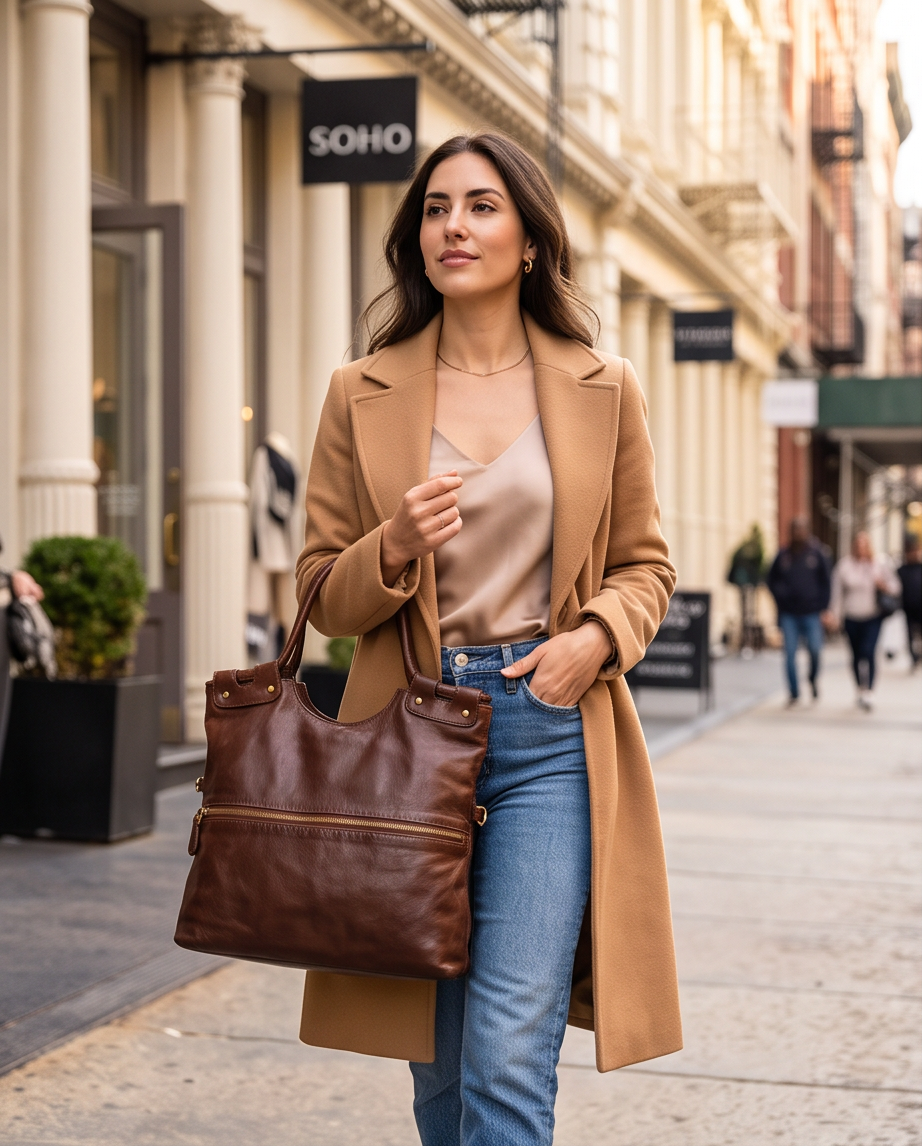 Q-LYRIC Vintage Calfskin Shoulder Bag – Foldable Italian Leather, Top Handles & Crossbody Strap