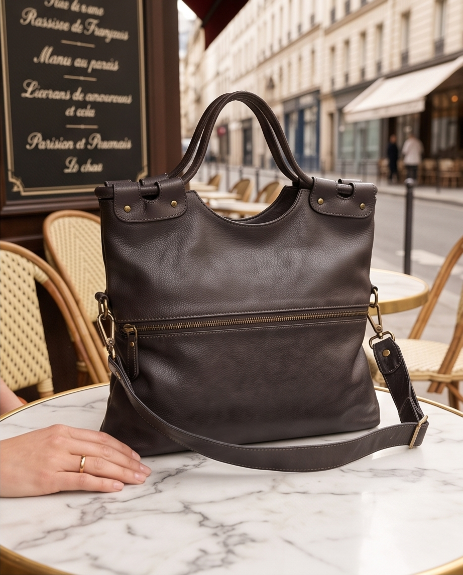 Q-LYRIC Vintage Calfskin Shoulder Bag – Foldable Italian Leather, Top Handles & Crossbody Strap
