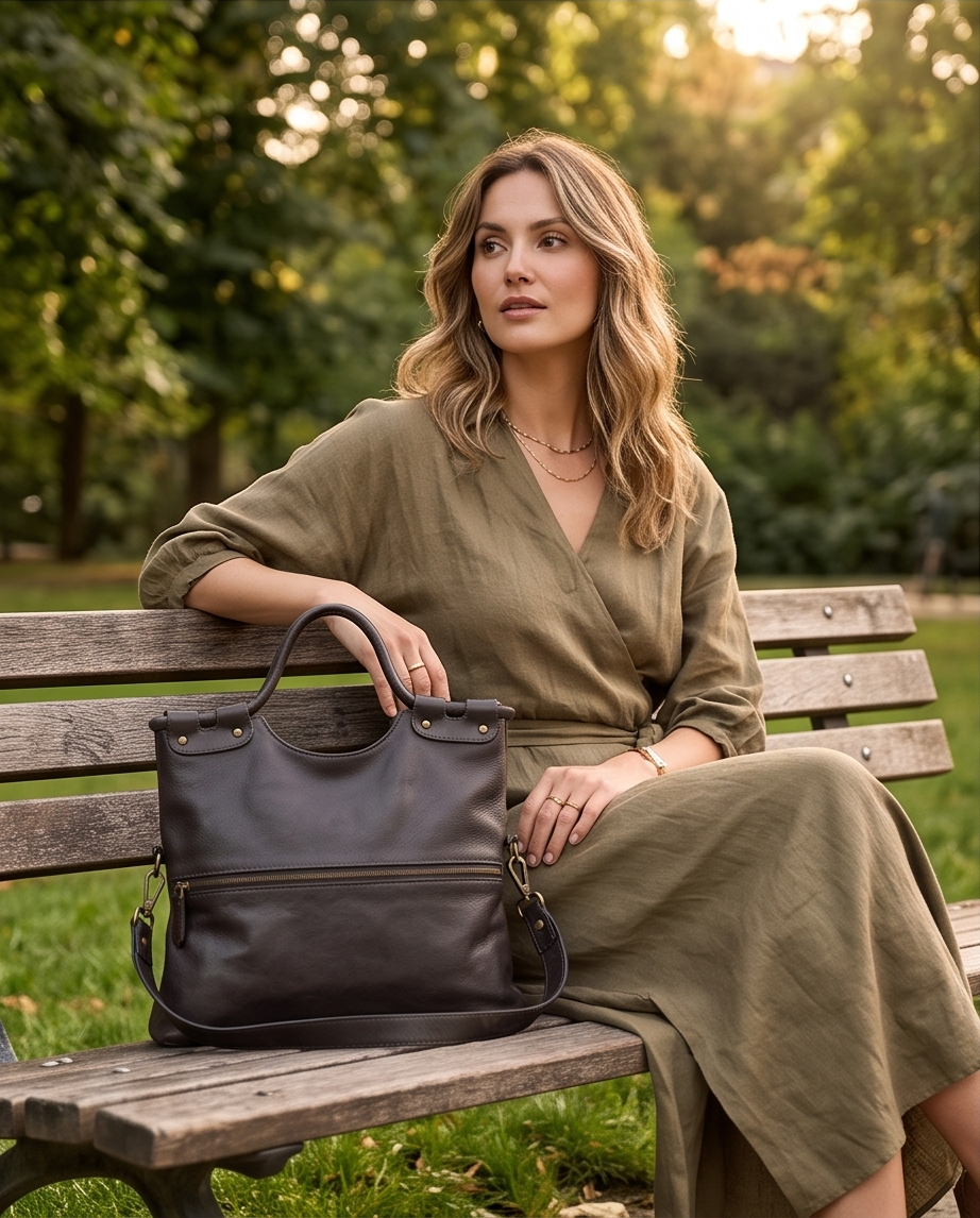 Q-LYRIC Vintage Calfskin Shoulder Bag – Foldable Italian Leather, Top Handles & Crossbody Strap