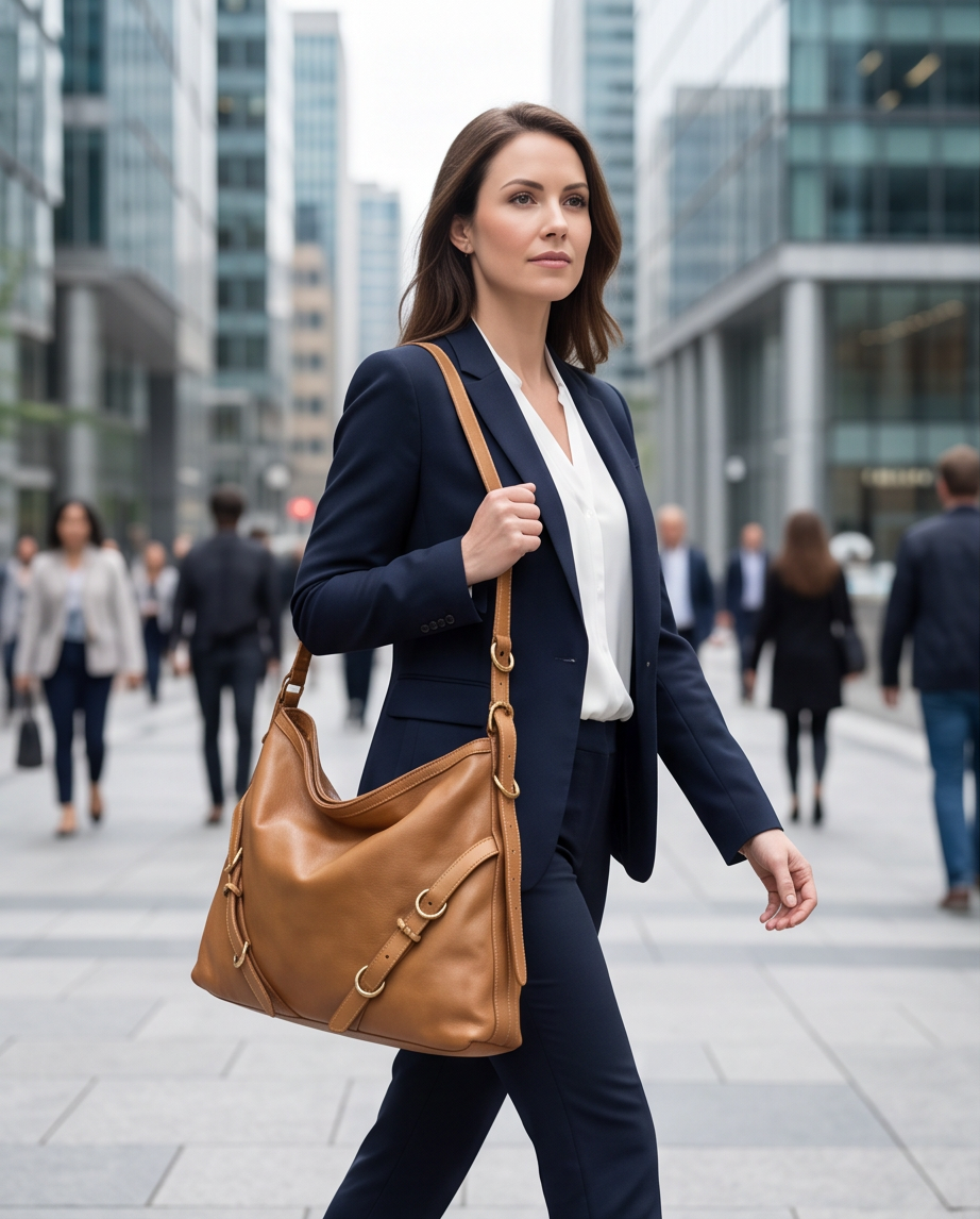 Q-BELLA Vintage Calfskin Shoulder Bag – Italian Leather, Belt Accent & Adjustable Strap