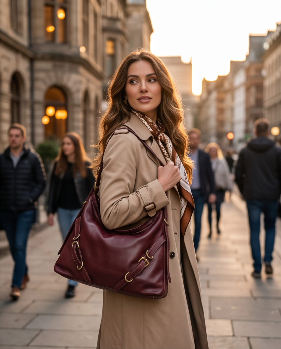 Q-BELLA Vintage Calfskin Shoulder Bag – Italian Leather, Belt Accent & Adjustable Strap