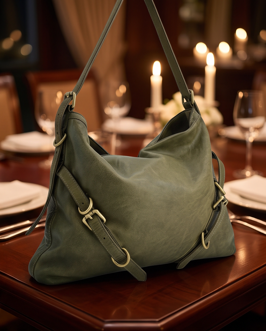 Q-BELLA Vintage Calfskin Shoulder Bag – Italian Leather, Belt Accent & Adjustable Strap