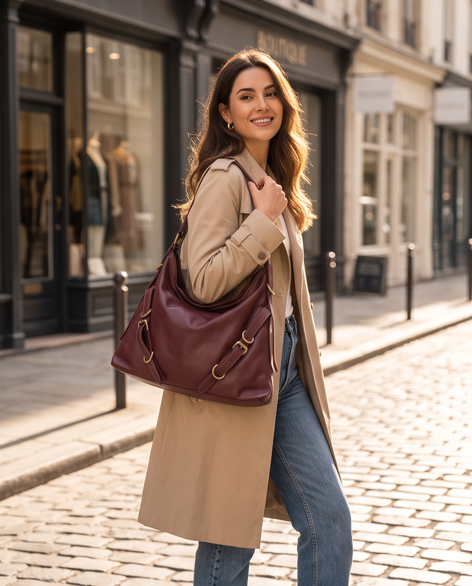 Q-BELLA Vintage Calfskin Shoulder Bag – Italian Leather, Belt Accent & Adjustable Strap