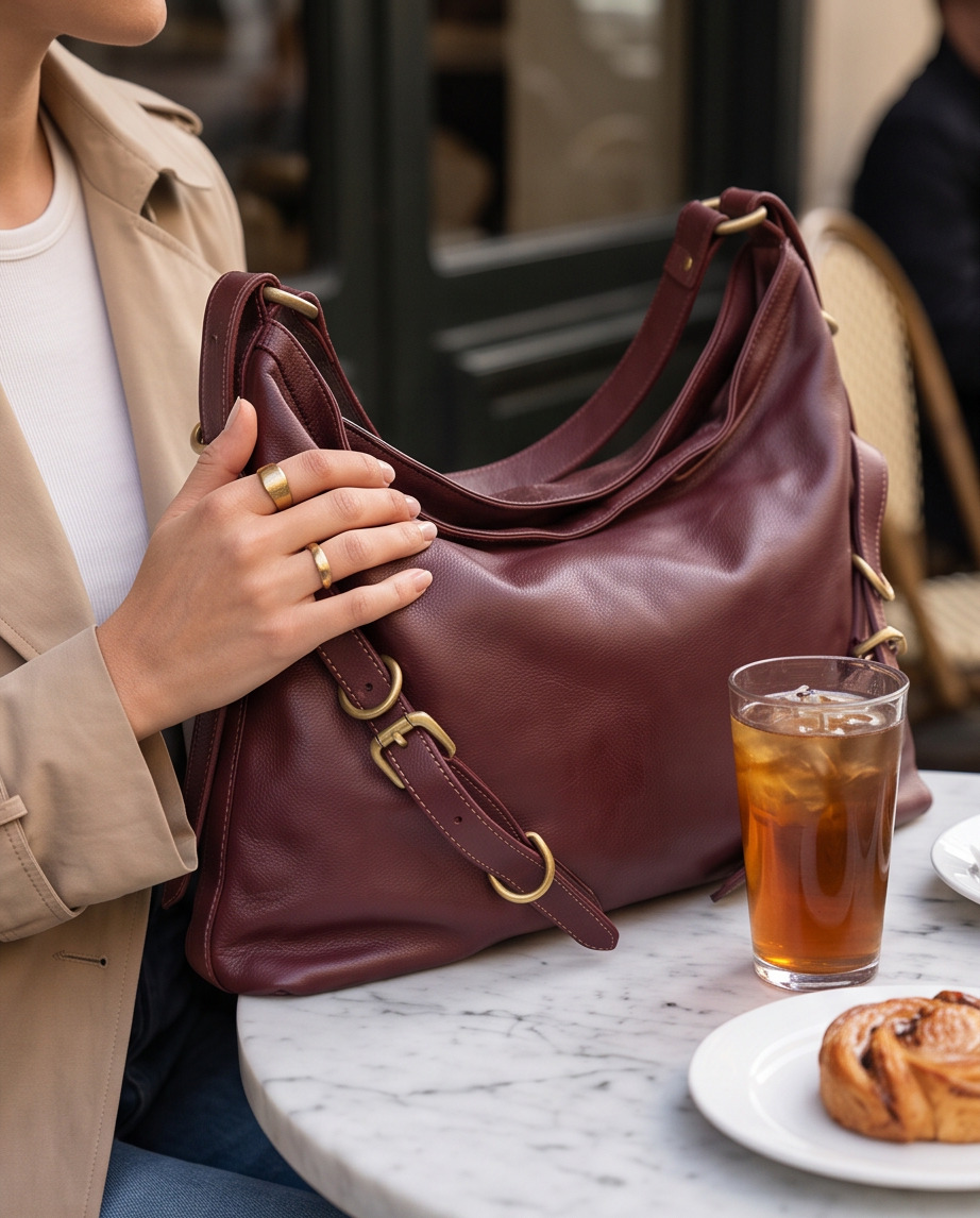 Q-BELLA Vintage Calfskin Shoulder Bag – Italian Leather, Belt Accent & Adjustable Strap