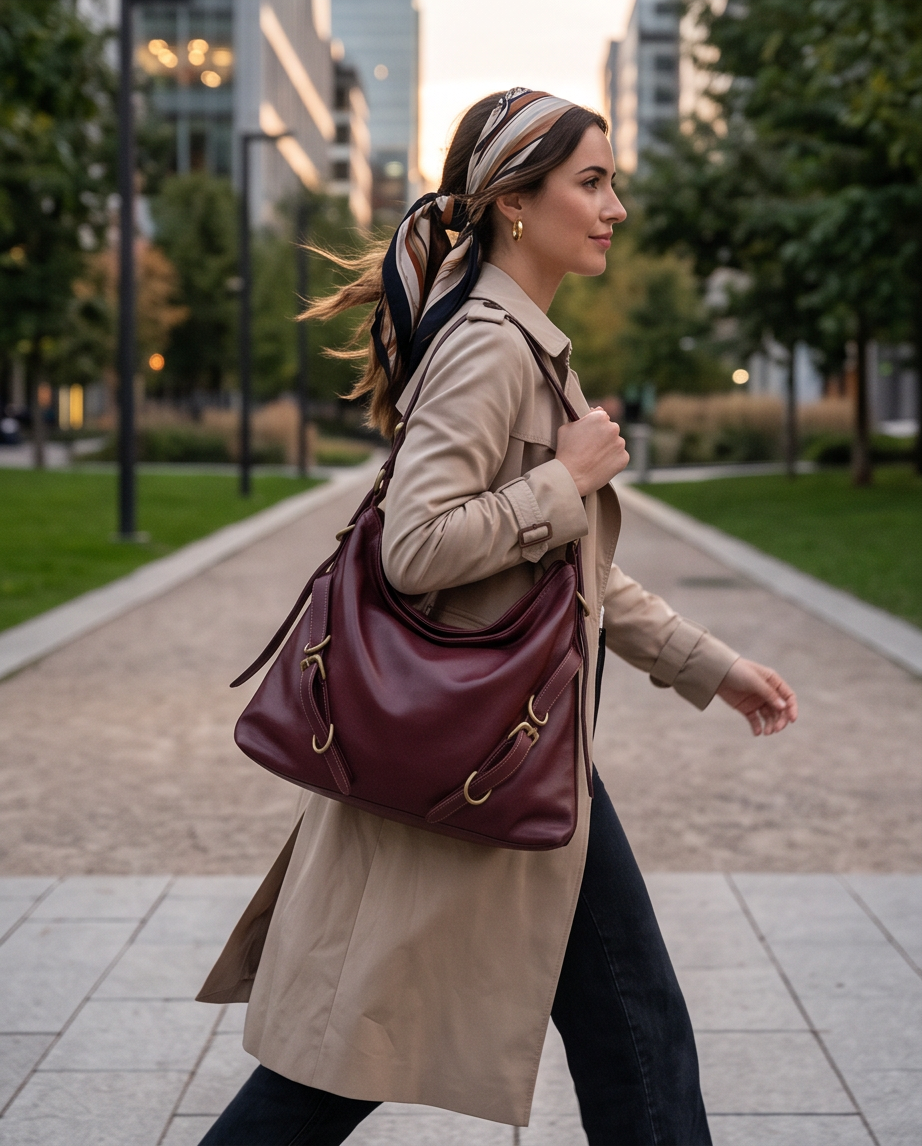 Q-BELLA Vintage Calfskin Shoulder Bag – Italian Leather, Belt Accent & Adjustable Strap