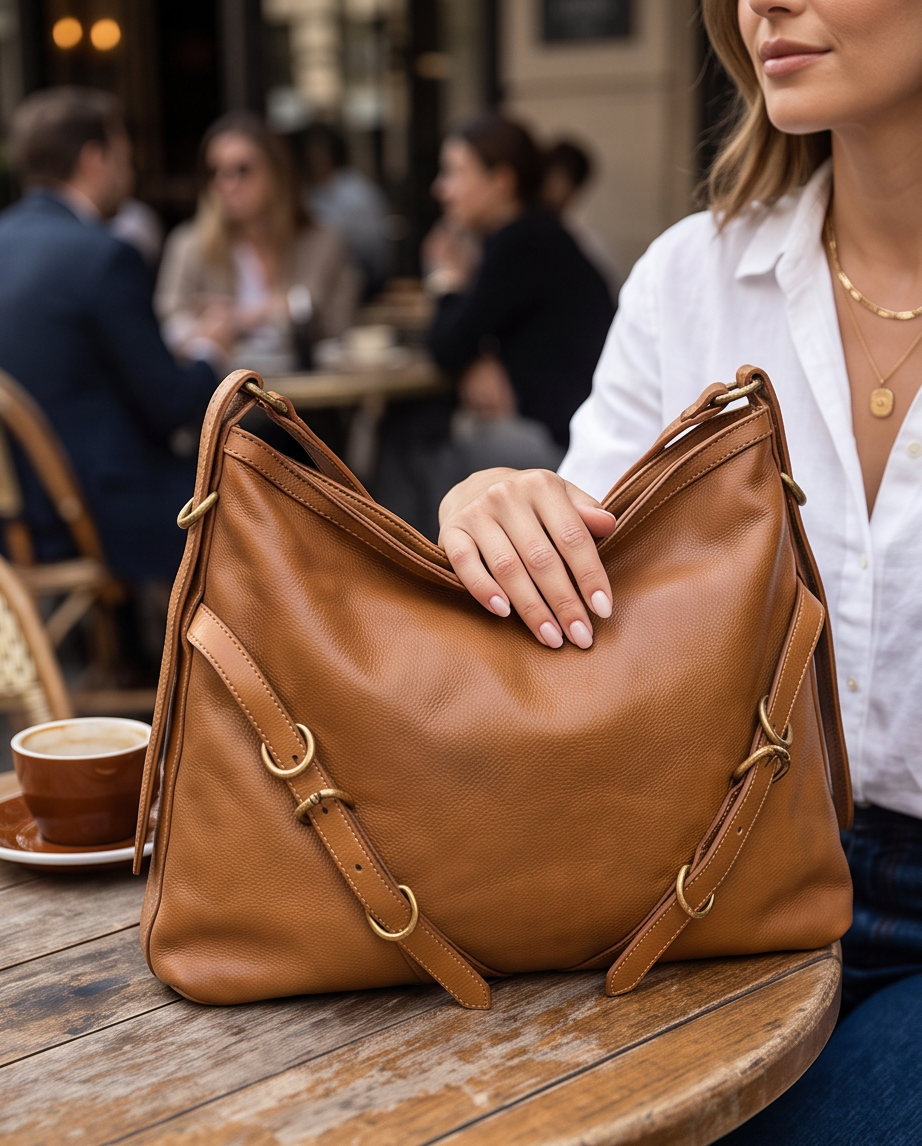 Q-BELLA Vintage Calfskin Shoulder Bag – Italian Leather, Belt Accent & Adjustable Strap