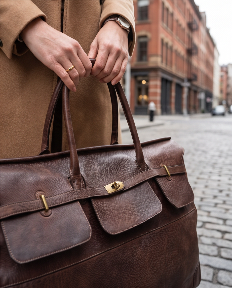 Q-BELORA Unisex Italian Leather Travel Duffel Bag – Full-Grain Calfskin & Brass Buckle