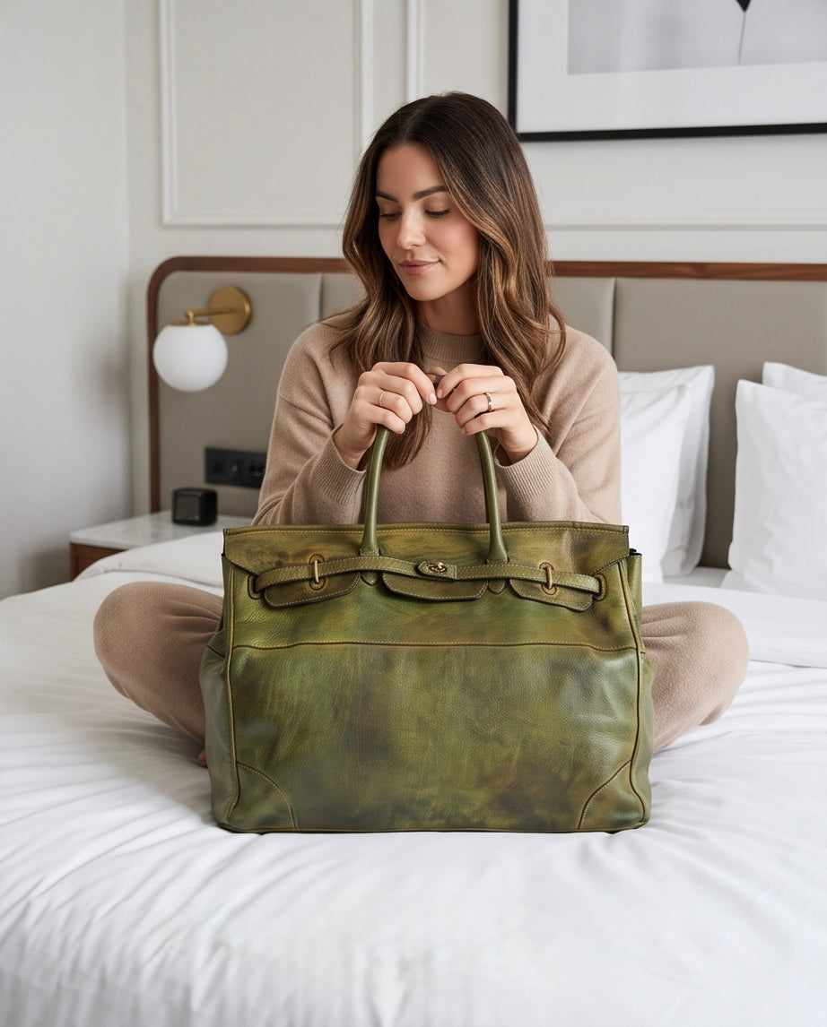 Q-BELORA Unisex Italian Leather Travel Duffel Bag – Full-Grain Calfskin & Brass Buckle