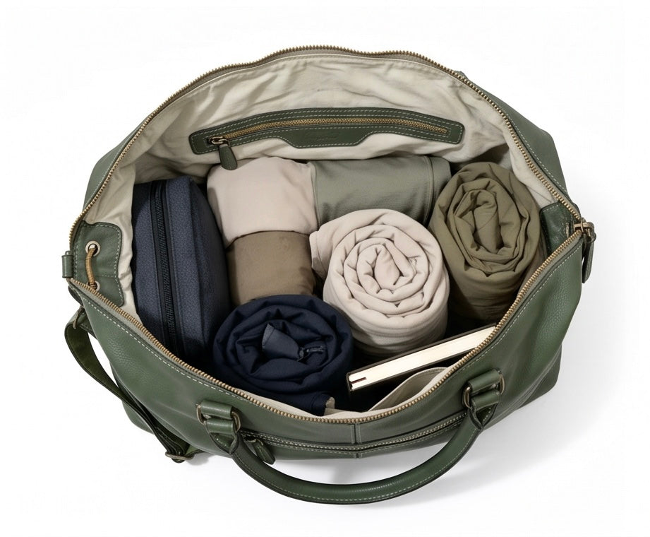 Q-ETERNA Italian Leather Duffel Bag – Full-Grain Calfskin, Foldable & Water-Resistant