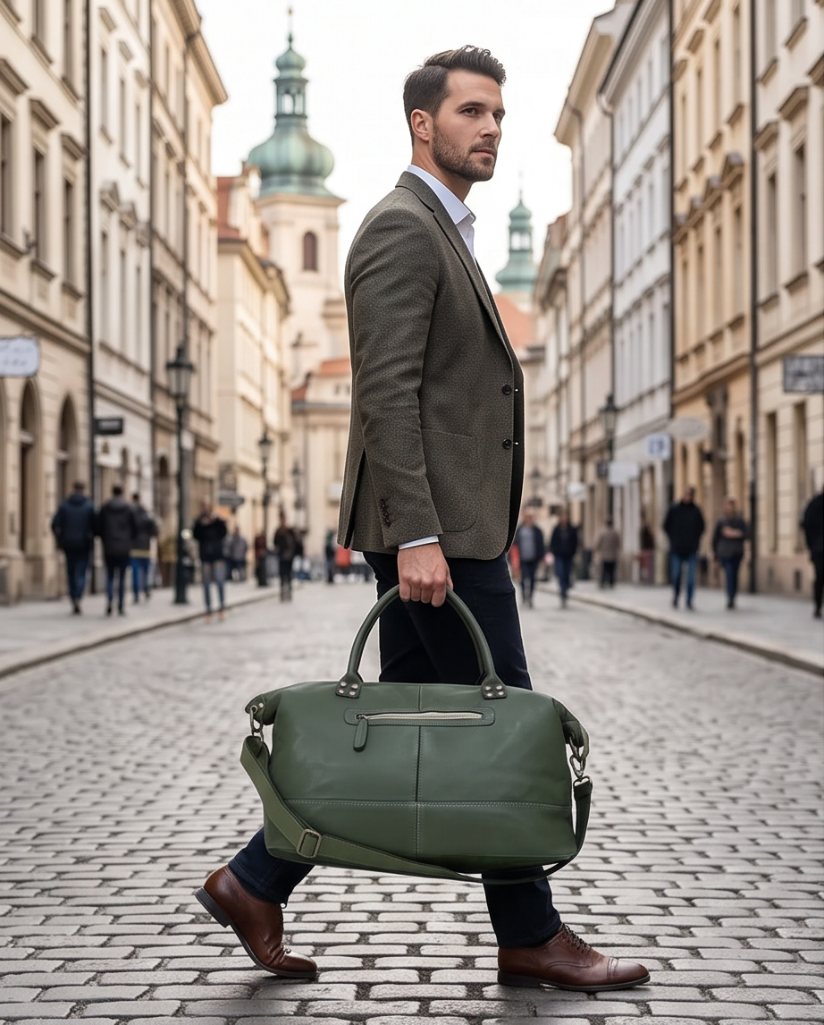 Q-ETERNA Italian Leather Duffel Bag – Full-Grain Calfskin, Foldable & Water-Resistant