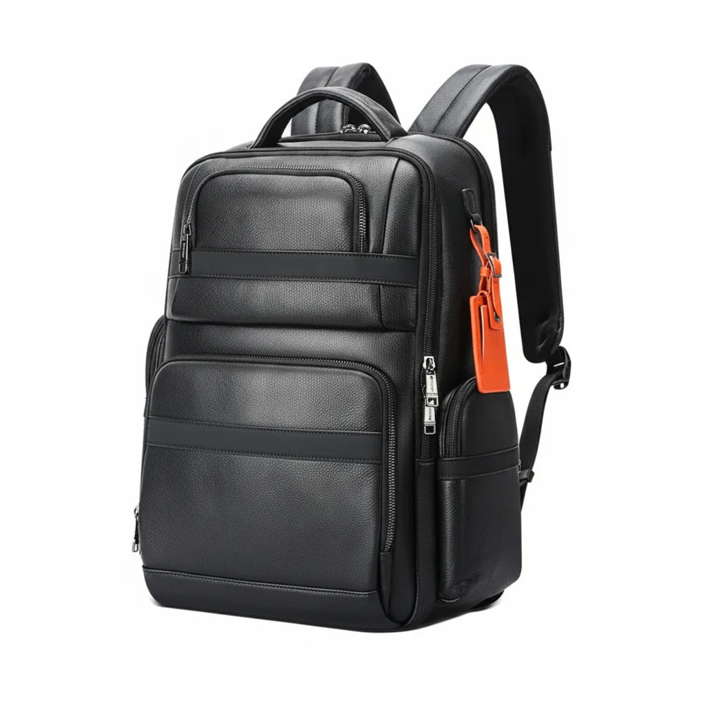 Q-MARSHAL Genuine Leather Backpack 40L – Anti-Theft, USB Charging, TSA Lay-Flat & Flannel Laptop Compartment