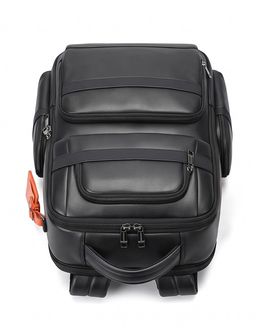 Q-MARSHAL Genuine Leather Backpack 40L – Anti-Theft, USB Charging, TSA Lay-Flat & Flannel Laptop Compartment