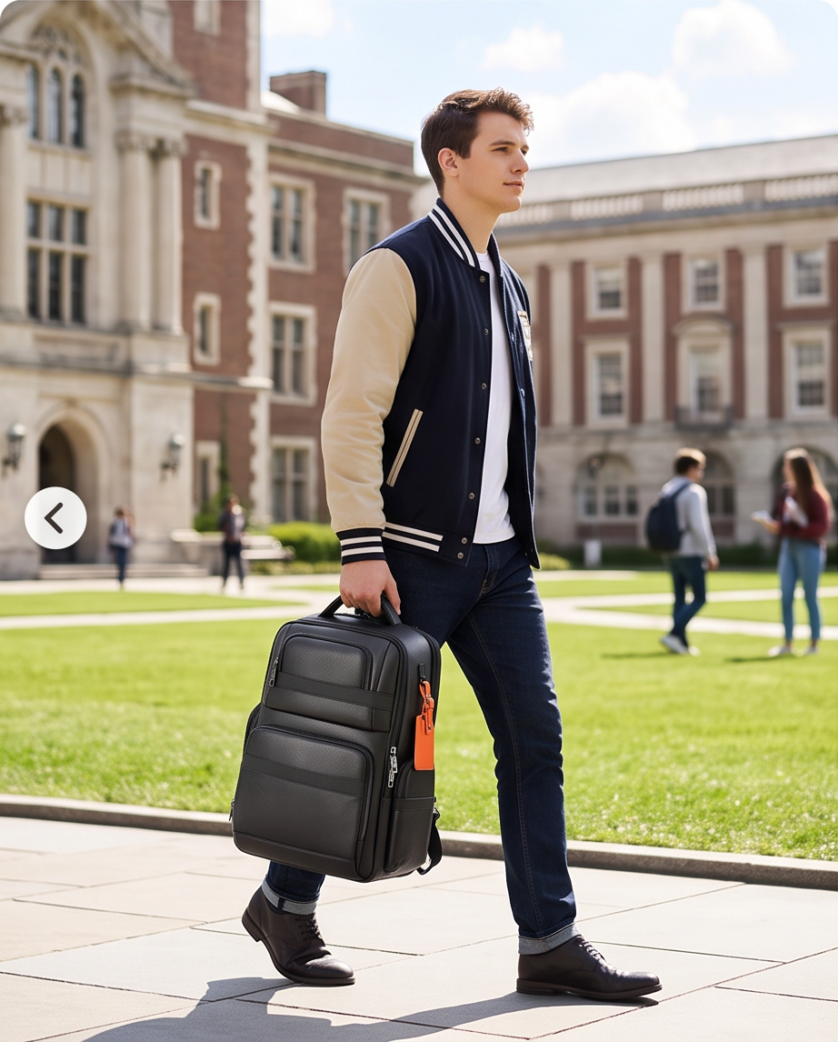 Q-MARSHAL Genuine Leather Backpack 40L – Anti-Theft, USB Charging, TSA Lay-Flat & Flannel Laptop Compartment