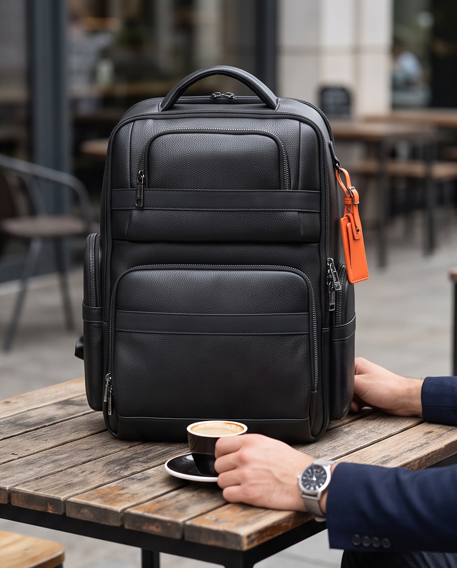 Q-MARSHAL Genuine Leather Backpack 40L – Anti-Theft, USB Charging, TSA Lay-Flat & Flannel Laptop Compartment