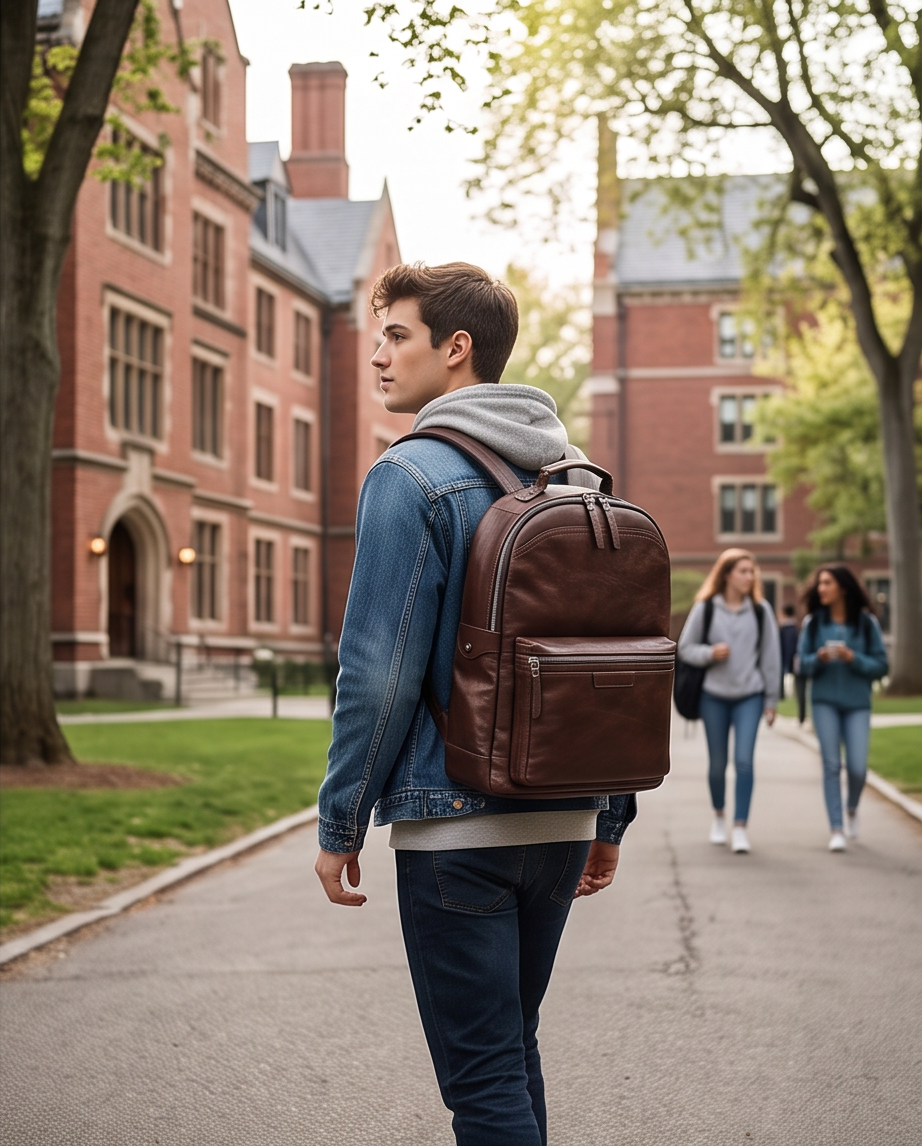 Q-TREK Full Grain Leather Backpack – Water-Resistant, Breathable & Patina-Developing, Brown