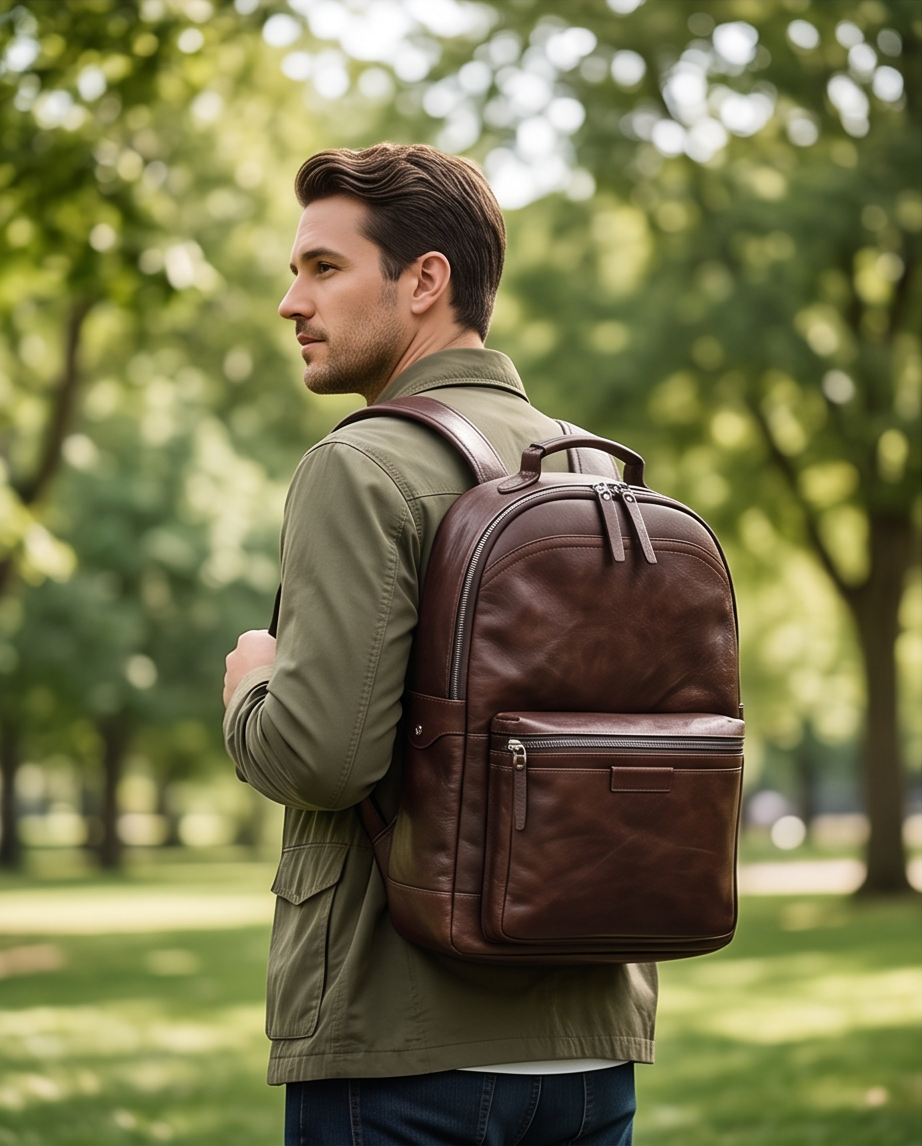 Q-TREK Full Grain Leather Backpack – Water-Resistant, Breathable & Patina-Developing, Brown