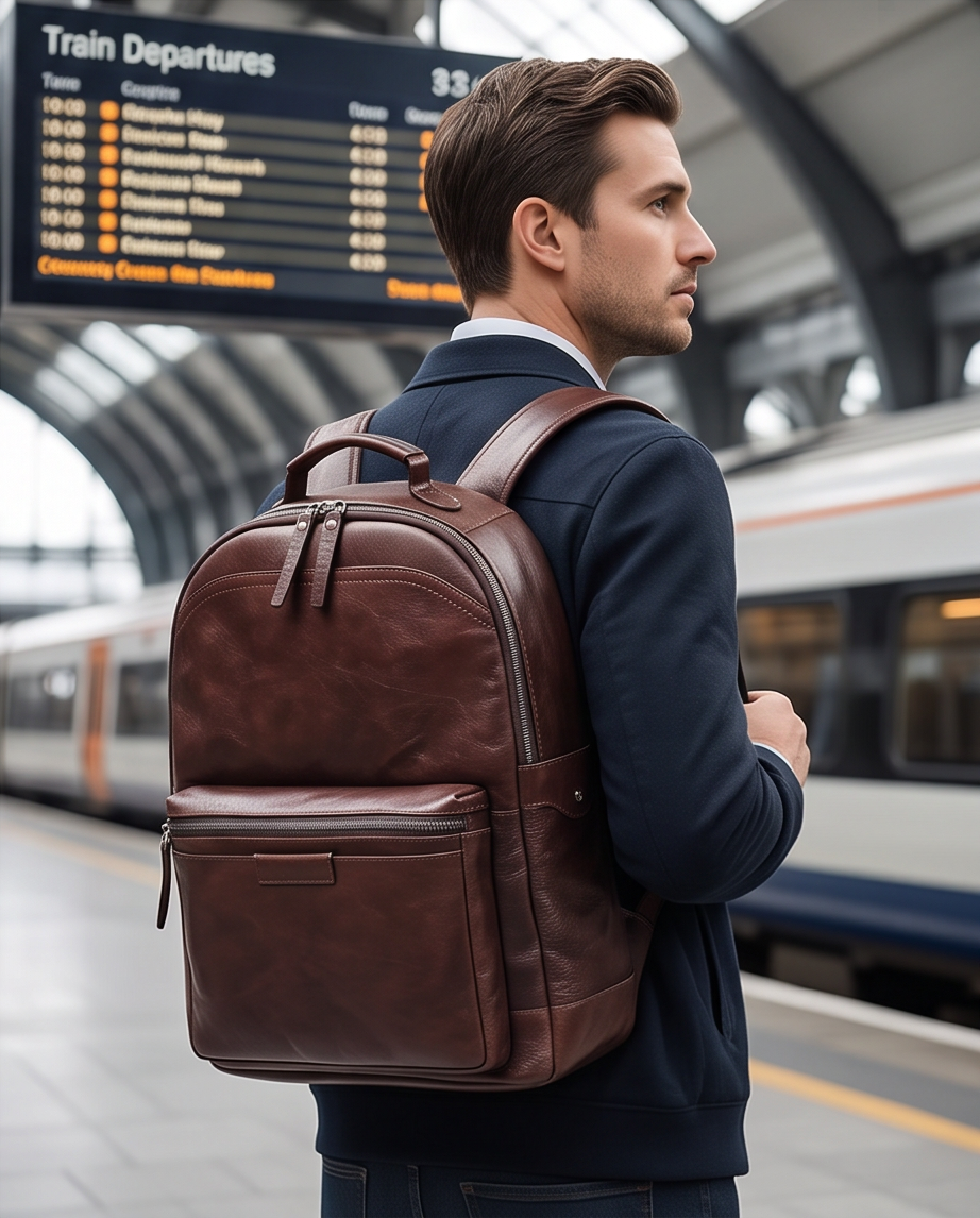 Q-TREK Full Grain Leather Backpack – Water-Resistant, Breathable & Patina-Developing, Brown