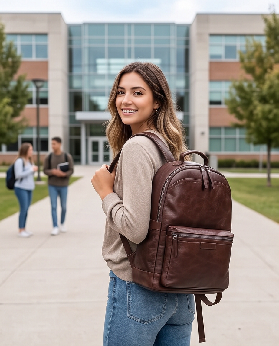 Q-TREK Full Grain Leather Backpack – Water-Resistant, Breathable & Patina-Developing, Brown