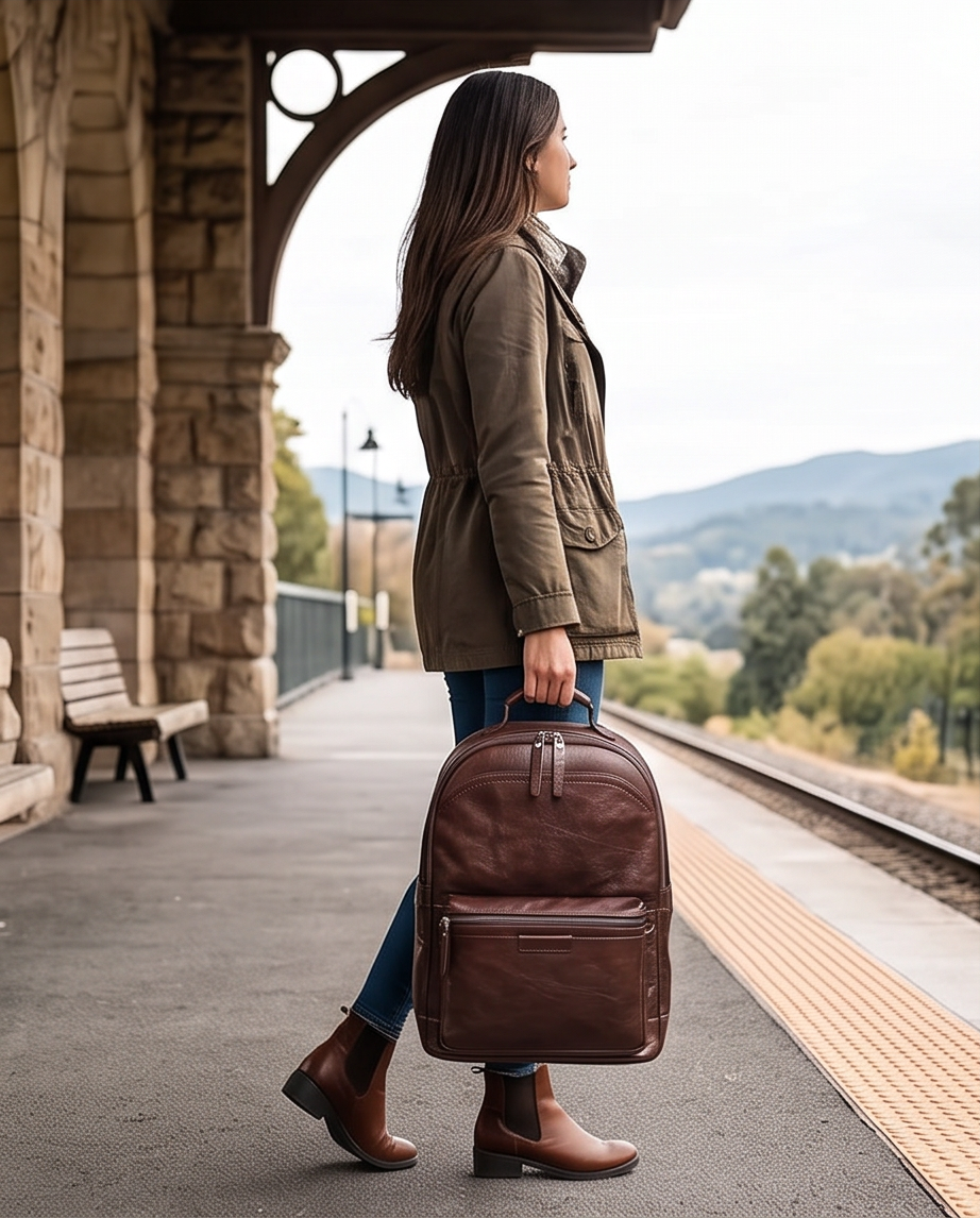 Q-TREK Full Grain Leather Backpack – Water-Resistant, Breathable & Patina-Developing, Brown