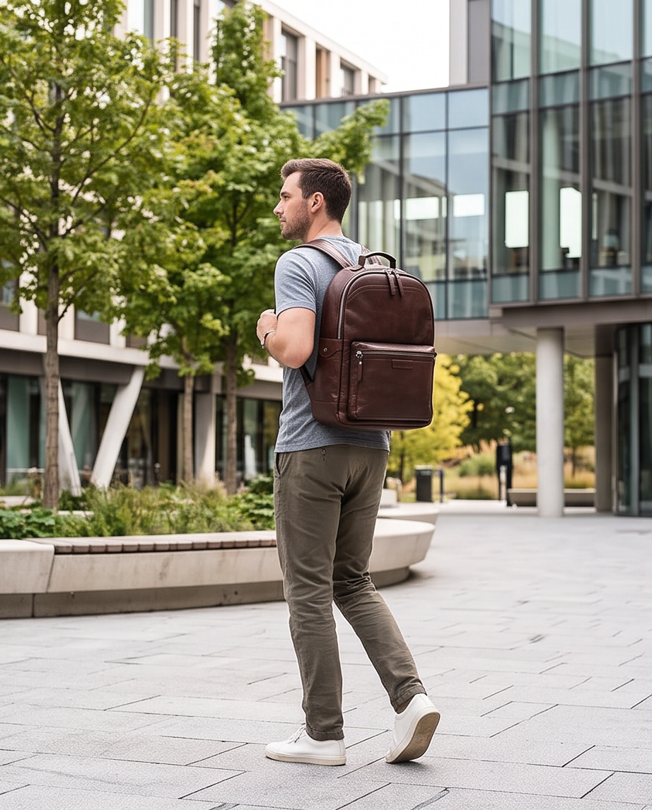 Q-TREK Full Grain Leather Backpack – Water-Resistant, Breathable & Patina-Developing, Brown
