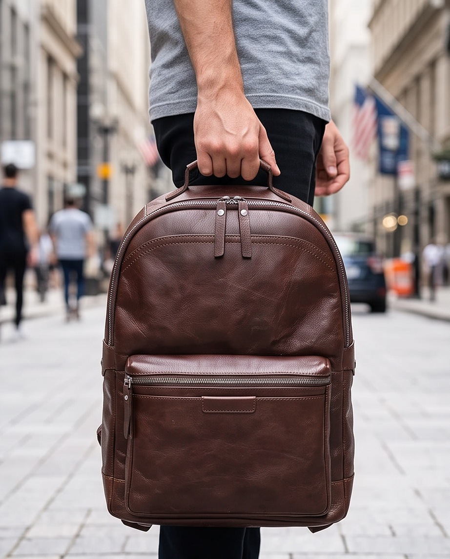 Q-TREK Full Grain Leather Backpack – Water-Resistant, Breathable & Patina-Developing, Brown