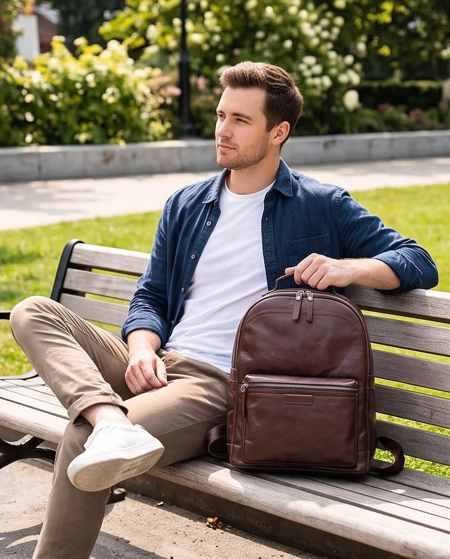 Q-TREK Full Grain Leather Backpack – Water-Resistant, Breathable & Patina-Developing, Brown