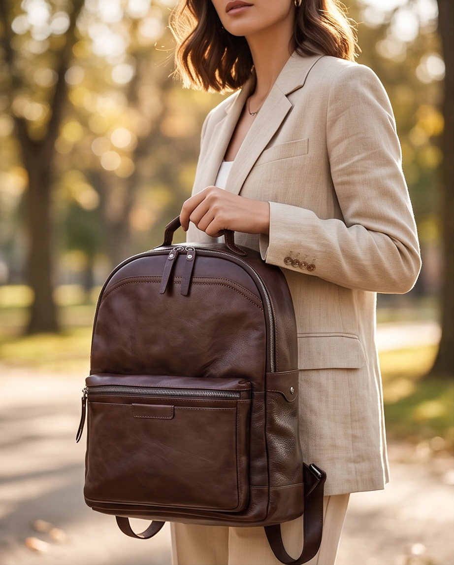Q-TREK Full Grain Leather Backpack – Water-Resistant, Breathable & Patina-Developing, Brown