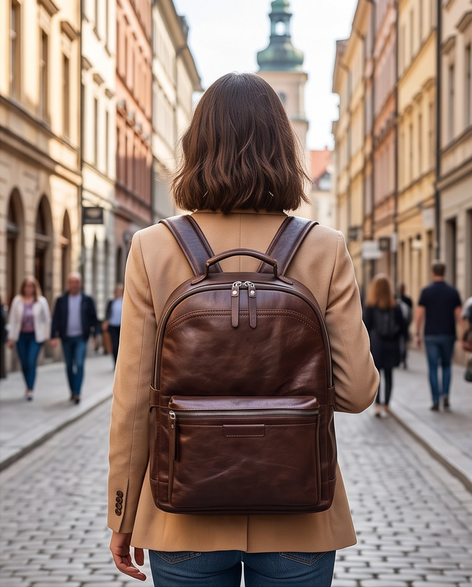 Q-TREK Full Grain Leather Backpack – Water-Resistant, Breathable & Patina-Developing, Brown