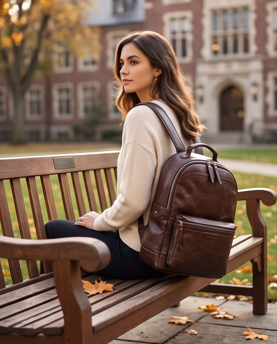 Q-TREK Full Grain Leather Backpack – Water-Resistant, Breathable & Patina-Developing, Brown