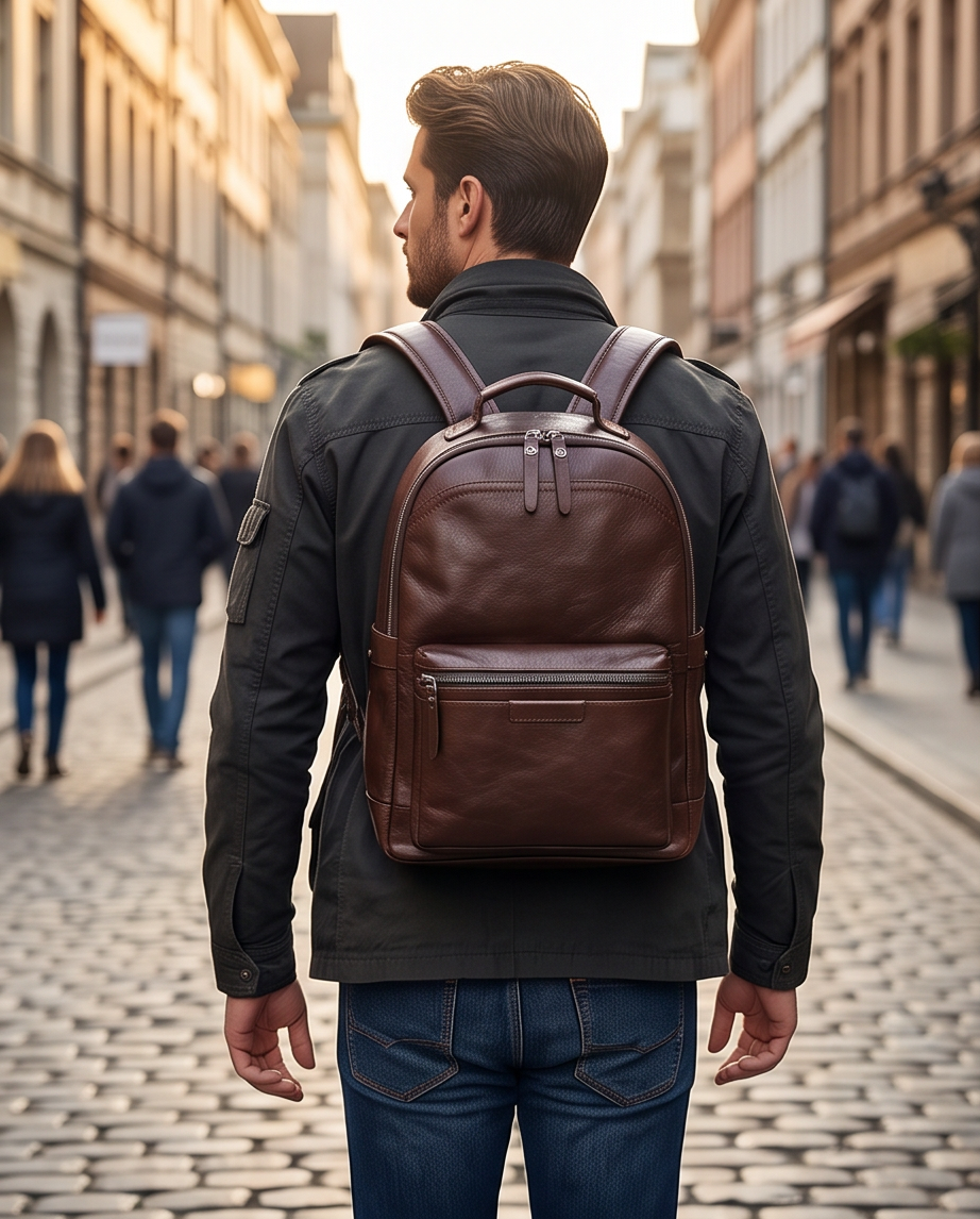 Q-TREK Full Grain Leather Backpack – Water-Resistant, Breathable & Patina-Developing, Brown