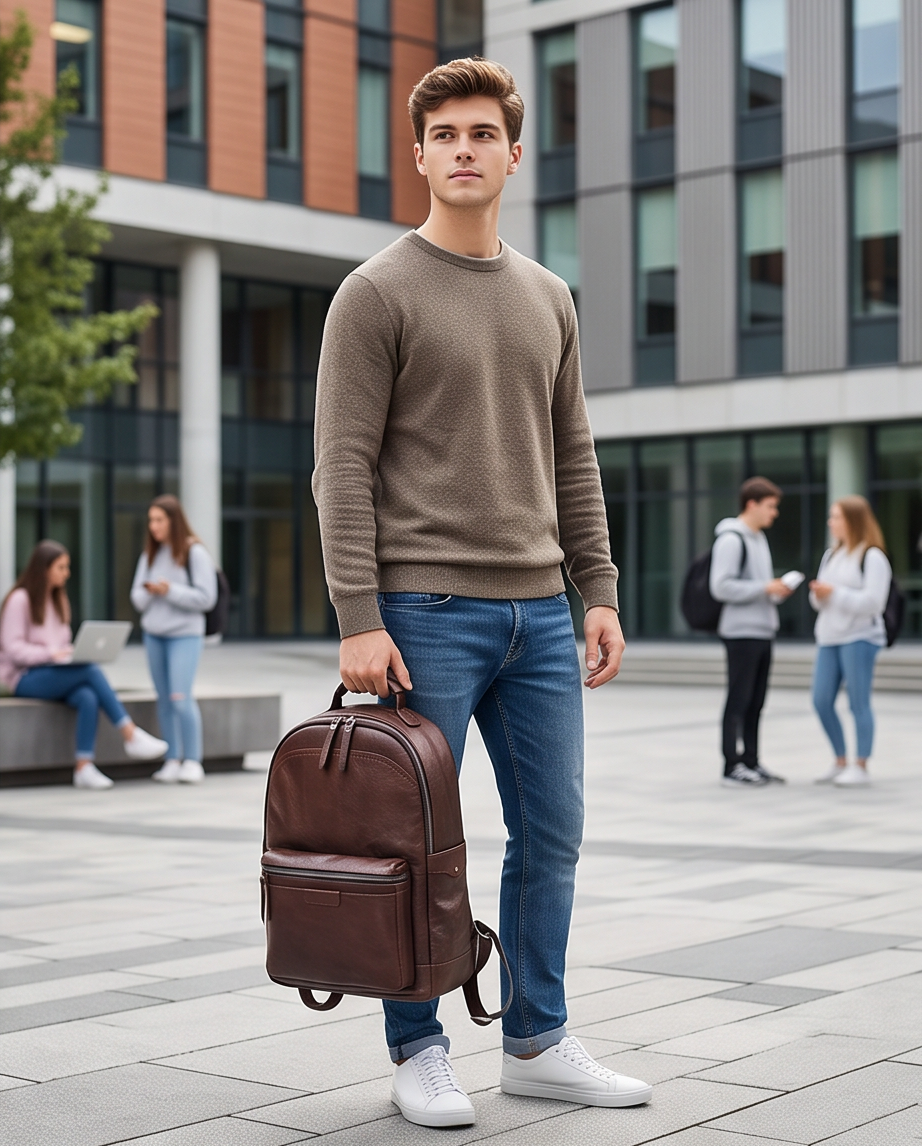 Q-TREK Full Grain Leather Backpack – Water-Resistant, Breathable & Patina-Developing, Brown